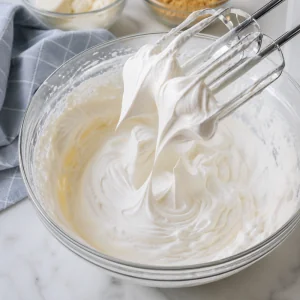 Heavy cream whipped to stiff peaks in a chilled mixing bowl