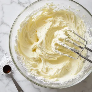 Powdered sugar and vanilla beaten into cream cheese until light and fluffy
