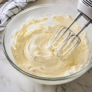Softened cream cheese beaten until smooth and creamy in a mixing bowl