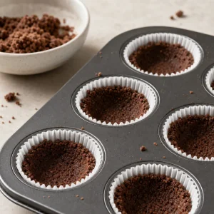 Buttered cookie crumbs pressed into paper-lined tartlet crusts