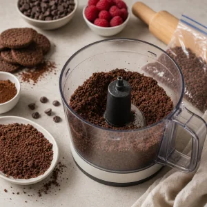 Chocolate cookies crushed into fine crumbs in a food processor