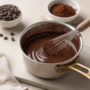 Dark chocolate whisked into warm cream in a small saucepan