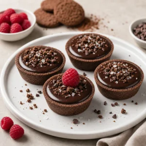 Finished cacao tartlets with sea salt, cacao nibs, and raspberry