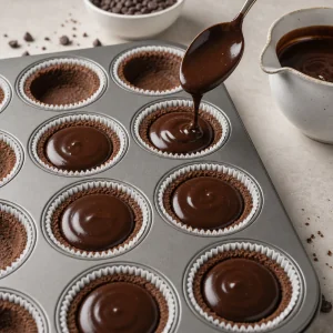 Glossy cacao ganache spooned into chilled cookie crusts