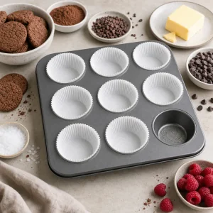 Muffin tin lined with white paper cups for cacao tartlets
