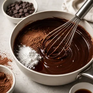 Raw cacao powder and sugar whisked into glossy chocolate ganache