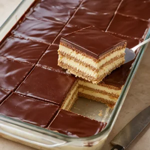 Chilled eclair cake sliced into neat squares