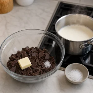 Chopped chocolate and steaming cream for ganache
