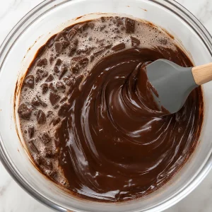 Glossy chocolate ganache being stirred