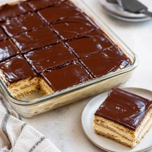 Sliced no-bake French eclair cake with chocolate ganache