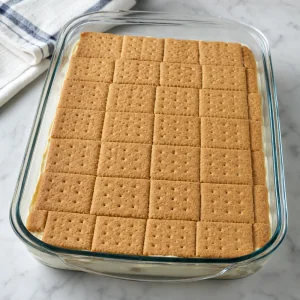 Top graham cracker layer pressed over the filling