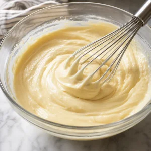 Vanilla pudding mixture being whisked in a bowl