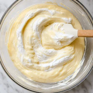 Whipped topping being folded into vanilla pudding