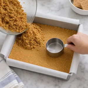 Migalhas de bolacha com manteiga pressionadas na forma forrada para a base