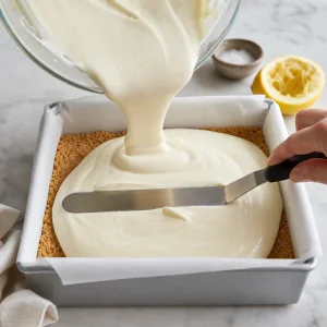 Recheio de cheesecake vertido sobre a base fria de bolacha e alisado