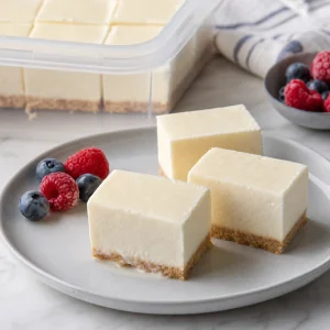 Barras de cheesecake congelado servidas com camadas cremosas e base de bolacha
