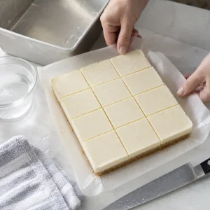 Placa de cheesecake congelado levantada da forma e cortada em quadrados limpos