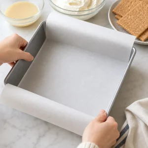 Papel vegetal a forrar uma forma de 20x20 cm com abas para barras de cheesecake congelado