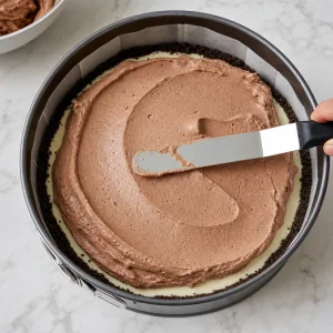 Sorvete de chocolate espalhado como segunda camada sobre o sorvete de baunilha firme