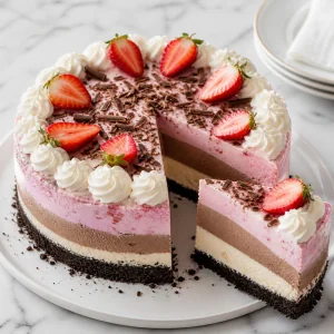 Bolo de sorvete sem forno finalizado com base de biscoito de chocolate, chantilly, raspas de chocolate e morangos