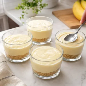 Banana pudding mixture divided into four glass cups and smoothed over graham cracker crusts.