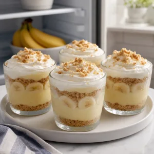 Chilled mini banana cream pies ready to serve with set layers and whipped cream topping.
