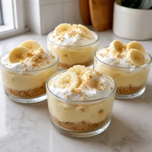 Finished no-bake mini banana cream pies in glass cups with whipped cream, banana slices, and graham crumbs.