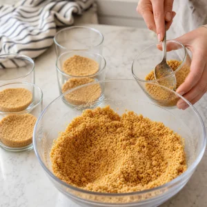 Graham cracker crumbs, melted butter, and sugar mixed to a wet sand texture for mini pie crusts.