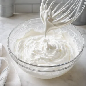 Heavy cream whipped with powdered sugar and vanilla until stiff peaks form.