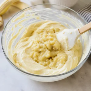 Mashed bananas gently folded into thick vanilla pudding with a spatula.