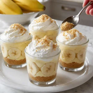 Mini banana cream pies topped with whipped cream and a light sprinkle of graham cracker crumbs.