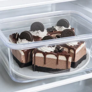 Restes de cheesecake Oreo couverts dans une boite