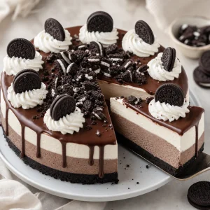 Cheesecake Oreo fini, decore et coupe nettement