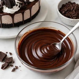 Ganache au chocolat brillante remuee dans un petit bol