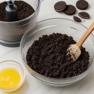Miettes d Oreo melangees au beurre fondu dans un bol