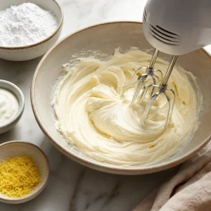 Cream cheese mixture being beaten until smooth
