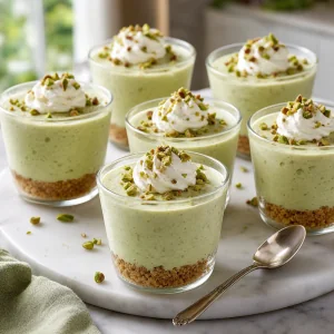 Finished pistachio cheesecake cups with whipped cream and chopped pistachios