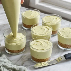 Pistachio cheesecake filling piped over crumb crusts