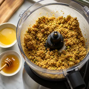 Pistachio graham crust mixture in a food processor