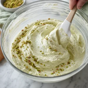 Pistachios folded into airy cheesecake filling
