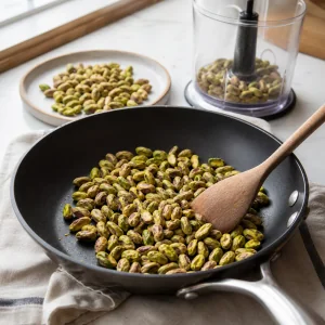 Pistachios toasting in a dry skillet