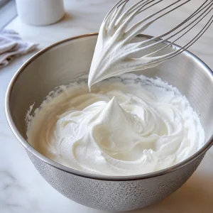 Whipped cream holding stiff peaks in a chilled bowl