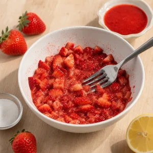 Zerdrückte Erdbeeren mit Zucker und Zitrone in einer Schüssel