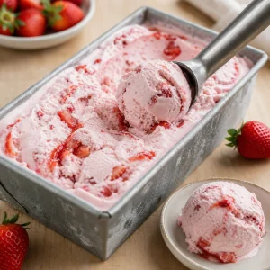 Portioniertes Erdbeereis mit roten Fruchtwirbeln in einer Kastenform