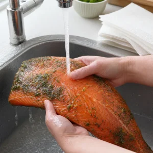 Cured salmon rinsed under cold water to remove dill salt cure
