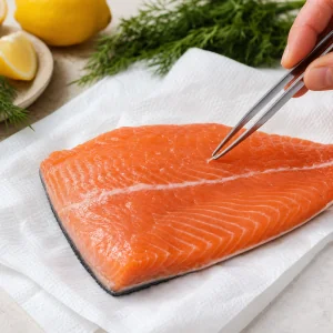 Fresh skin-on salmon fillet being checked for pin bones with tweezers