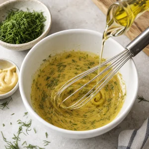 Mustard dill sauce whisked with oil until glossy and emulsified