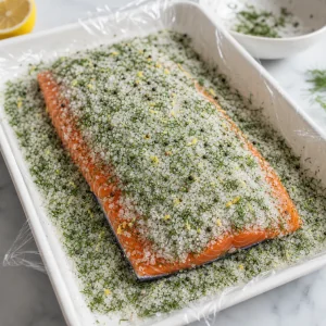 Salmon fillet covered evenly with dill salt cure in a lined tray