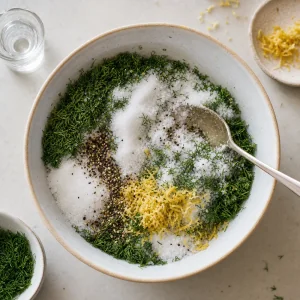 Salt sugar dill pepper and lemon zest mixed for a gravlax cure