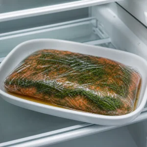Wrapped gravlax package resting in a refrigerator dish with curing liquid